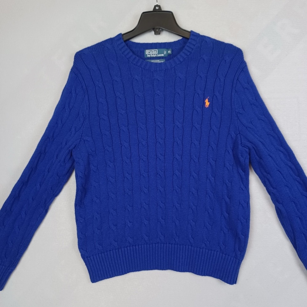 Polo by Ralph Lauren Royal Blue Cable Knit Sweater with Orange Pony